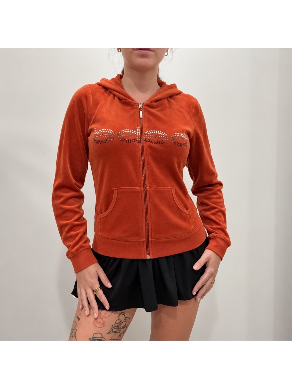 Y2K BEBÉ Burnt Orange Velour Rhinestone Zip Up Hoodie